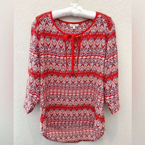 ANTILIA FEMME | Red Boho Print 3/4 Sleeve Peasant Hi-Low Tunic Top | Large - Picture 1 of 7